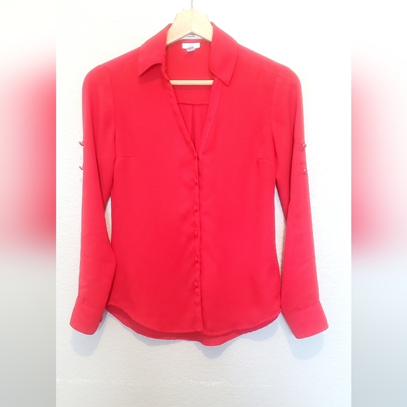 Express Portofino Slim Red Button-Up Blouse Roll Tab Selleves Size XXS - Picture 1 of 8